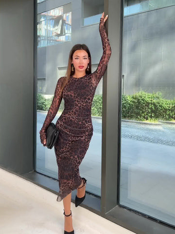 2024 New Temperament Round-Neck Print Leopard Print Mid-Rise Dress Dress Dress Woman